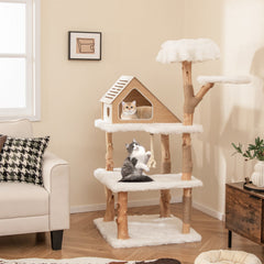 60 Inch Tall Solid Wood Cat Tree Modern Wooden Cat Tower with 2 Perches