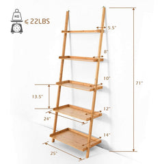 5-Tier Ladder Shelf Bamboo Bookshelf Wall-Leaning Storage Display Plant Stand