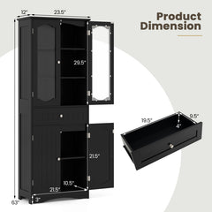 63 Inch Tall Bathroom Storage Cabinet with 2 Glass Doors and Adjustable Shelves Drawer