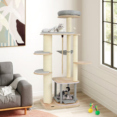 63 Inch Tall Cat Tree Modern Wooden Cat Tower with Perch Condo Hammock