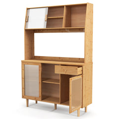69 Inch Wine Bar Kitchen Cabinet with Sliding Tempered Glass and Rattan Door