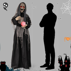 6ft Halloween Animatronics Standing Witch with Light Up Eyes and Magical Ball