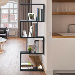 2/3/4 Tiers Wooden S-Shaped Bookcase for Living Room Bedroom Office