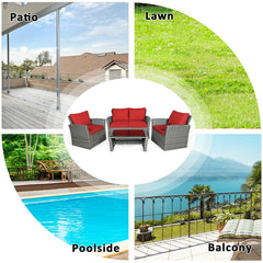 4 Pieces Patio Rattan Furniture Set Sofa Table with Storage Shelf Cushion