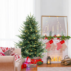 6/7/8 Feet Pre-Lit Artificial Christmas Tree with Warm White LED Lights and Branch Tips