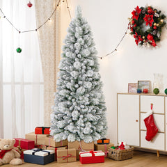 6/7 Feet Flocked Christmas Tree with Pine Needles and LED Lights