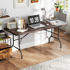 6 Feet Folding Table with Wood Grain HDPE Tabletop and Safe Lock Mechanism