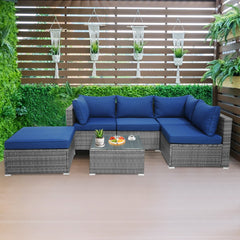 6 Pieces Outdoor Rattan Sofa Set with Seat and Back Cushions