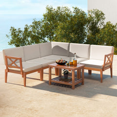 6 Pieces Acacia Wood Patio Furniture Set with Cushions and 2-Tier Coffee Table