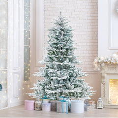 6/7/8 Feet Snow Flocked Artificial Christmas Tree with Cool White LED Lights