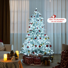 6/7/8 Feet Snow Flocked Artificial Christmas Tree with Cool White LED Lights