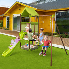 7-in-1 Kids Outdoor Metal Playset with Wave Slide and Climbing Rope