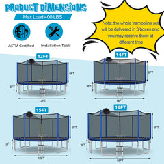 12/14/15/16 Feet Outdoor Recreational Trampoline with Enclosure Net