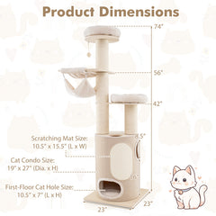 74 Inches Tall Wooden Cat Tower Tree with 2-Story Cat Condo and Washable Cushions