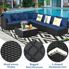 7 Pieces Sectional Wicker Furniture Sofa Set with Tempered Glass Top Coffee Table