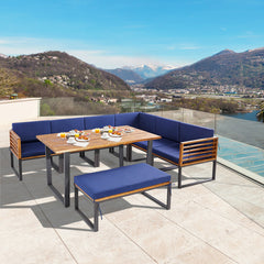 8 Pieces Patio Acacia Wood Dining Table Set with Ottoman Cushions