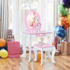 Kids Vanity Set Makeup Dressing Table and Chair Set with Mirror and Drawer