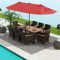 10 Piece Outdoor Dining Set with 15 Feet Double-Sided Twin Patio Umbrella