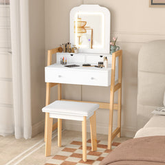 Adjustable Height Vanity Desk Set with 3-Color LED Lighted Mirror and Drawers