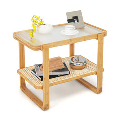 2-tier Bamboo Side Table with Glass Top