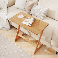 Bamboo Z-Shaped Spacious Sofa Side Table with Space-Saving Tabletop