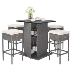 5 Pieces Outdoor Wicker Bar Table Set with Hidden Storage Shelves-White