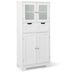 4 Door Freestanding Bathroom Floor Storage Cabinet with 2 Drawers and Glass Doors