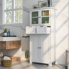 4 Door Freestanding Bathroom Floor Storage Cabinet with 2 Drawers and Glass Doors