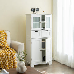 4 Door Freestanding Bathroom Floor Storage Cabinet with 2 Drawers and Glass Doors