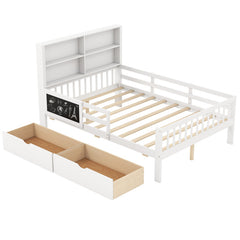 Twin/Full Size Bed Frame with 2 Drawers and Bookcase for Boys and Girls