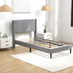 Twin/Queen Bed Frame with Linen Upholstered Wingback Headboard