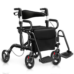 2-in-1 Folding Rollator Walker Transport Wheelchair with Seat and Reversible Backrest