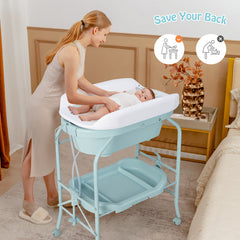Folding Baby Changing Table with Bathtub and 4 Universal Wheels In Blue