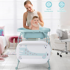 Folding Baby Changing Table with Bathtub and 4 Universal Wheels In Blue