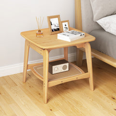 Boho Bamboo Sofa Side Table with Faux Rattan Storage Shelf