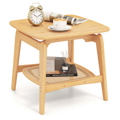 Boho Bamboo Sofa Side Table with Faux Rattan Storage Shelf