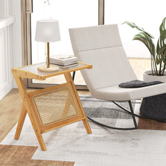 Boho End Table with Magazine Rack and Tempered Glass Top