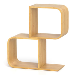 2-Tier S-Shaped Bamboo Bookcase with 2 Open Cubes for Living Room Study