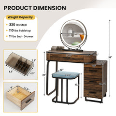 Vanity Table Set with 3-Color Lighted Mirror and Charging Station