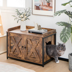 Cat Litter Box Enclosure with Adjustable Footpads and Double Doors