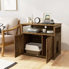 Cat Litter Box Enclosure with Double Barn Doors, Divider, Side Entry and Storage Shelf