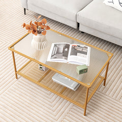 2-Tier Coffee Table with Shelf Center Tea Table with Tempered Glass Top
