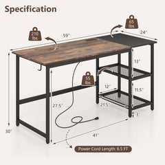 59 Inch Industrial Computer Desk with 2 Tier Storage Shelves for Home Office