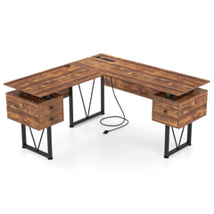 L-shaped Computer Desk with Power Outlets and 3 Storage Drawers