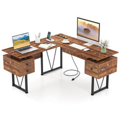 L-shaped Computer Desk with Power Outlets and 3 Storage Drawers