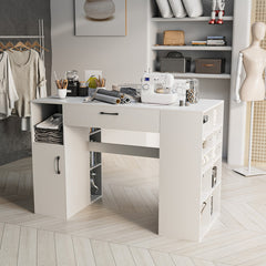 Counter Height Sewing Craft Table Computer Desk with Adjustable Shelves and Drawer