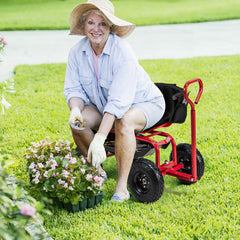 Cushioned Rolling Garden Cart Scooter with Storage Basket and Tool Pouch