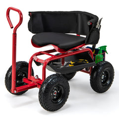 Cushioned Rolling Garden Cart Scooter with Storage Basket and Tool Pouch