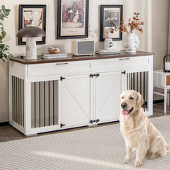 Double Dog Crate Furniture Large Breed Wood Dog Kennel with Room Divider