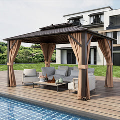 10 x 13 Feet Patio Hardtop Gazebo with Galvanized Steel Double Roof and Netting